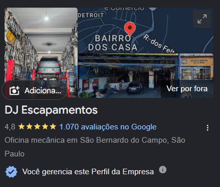 Perfil da DJ Escapamentos no Google: nota 4.8 com 1070 avaliações